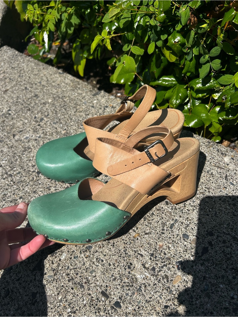 Dansko Green and Tan Leather Slingback Clogs